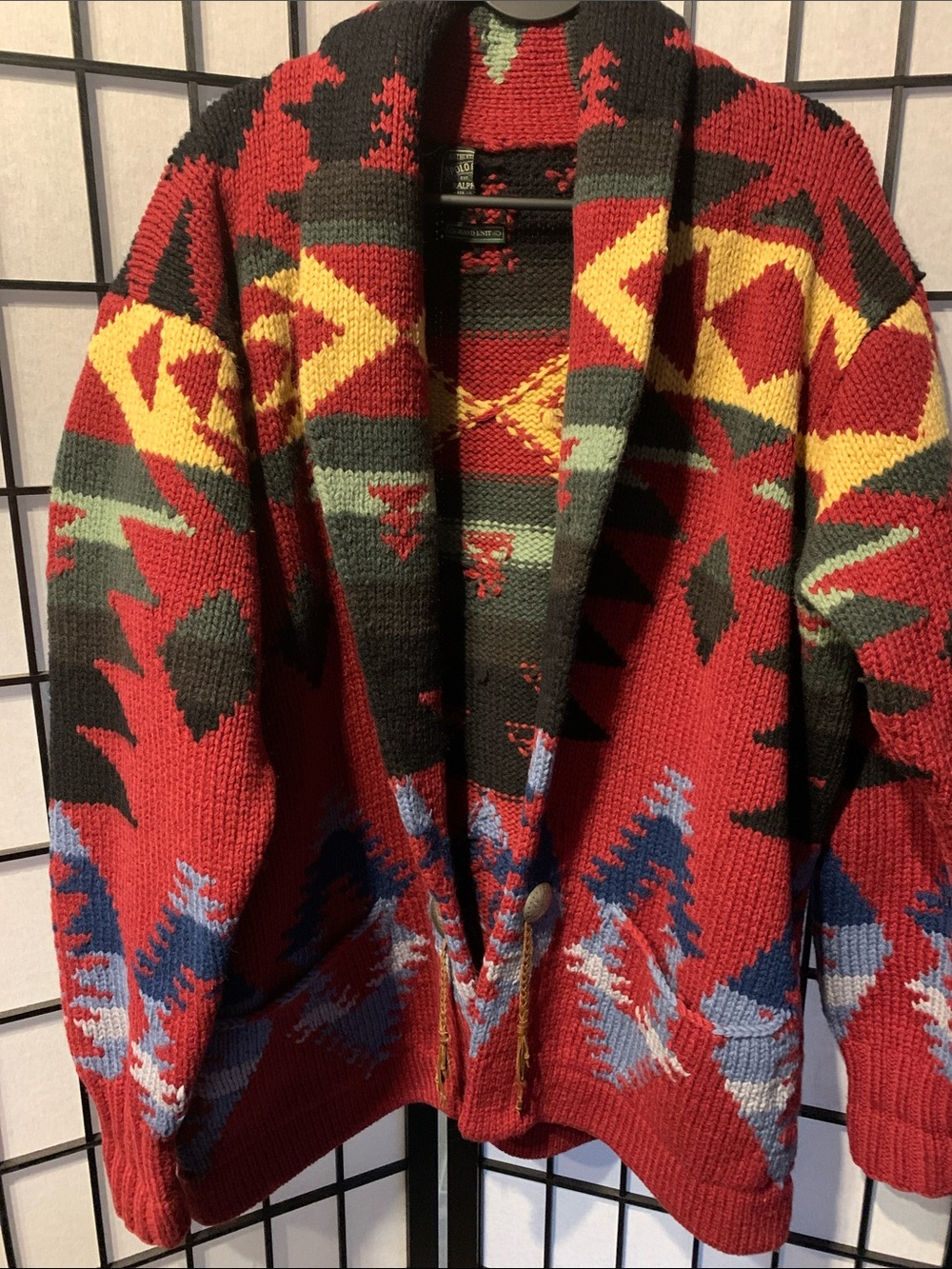 Polo country Southwestern Pattern Red Shawl Collar unisex Sweater size M-L